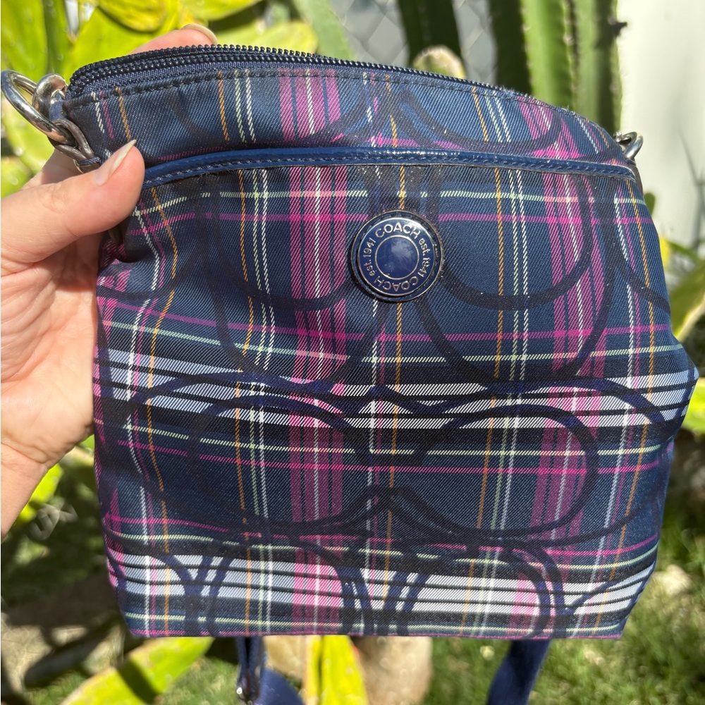 Authentic Coach Poppy Navy and Purple Plaid Tartan Crossbody Strap Swingpack Bag